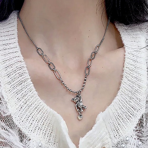 Sterling Silver Teddy Bear Charm Pendant Punk Necklace - Picture 2 of 6